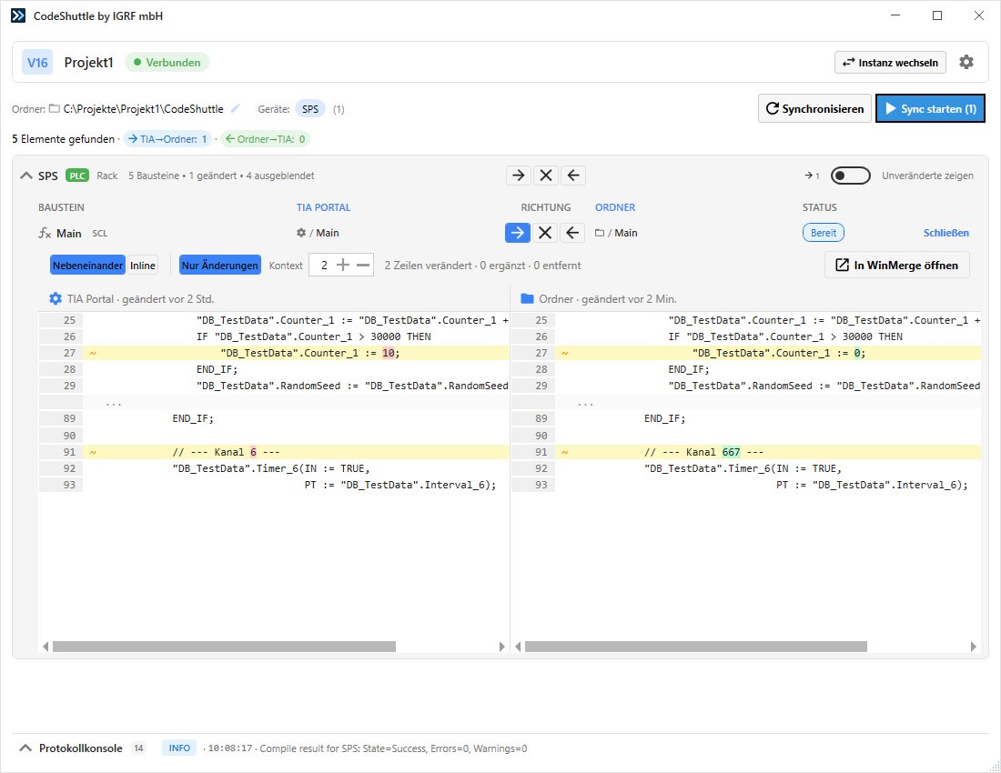 Diff-Ansicht mit Side-by-side Vergleich von Main.scl