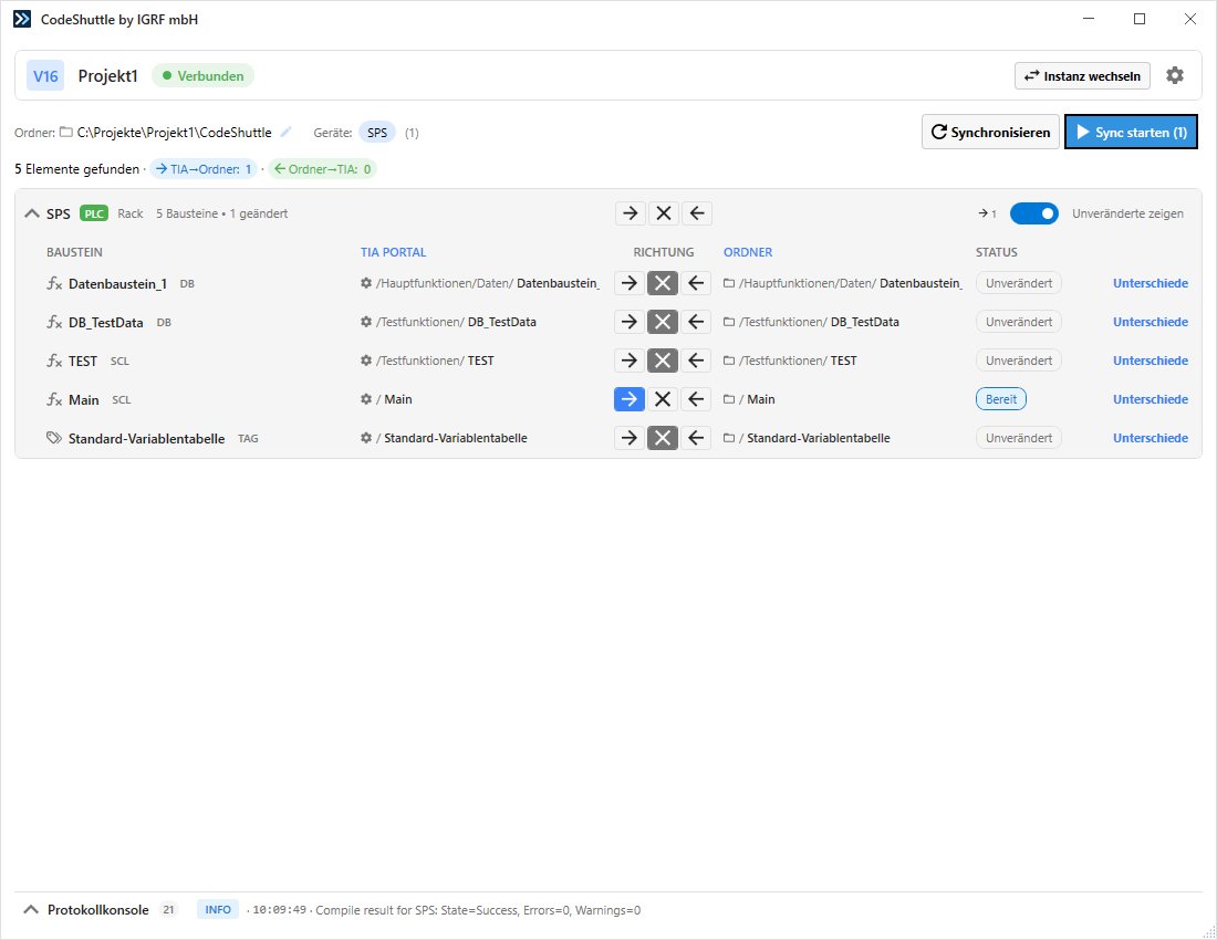 CodeShuttle Übersicht der SPS-Bausteine mit Sync-Status